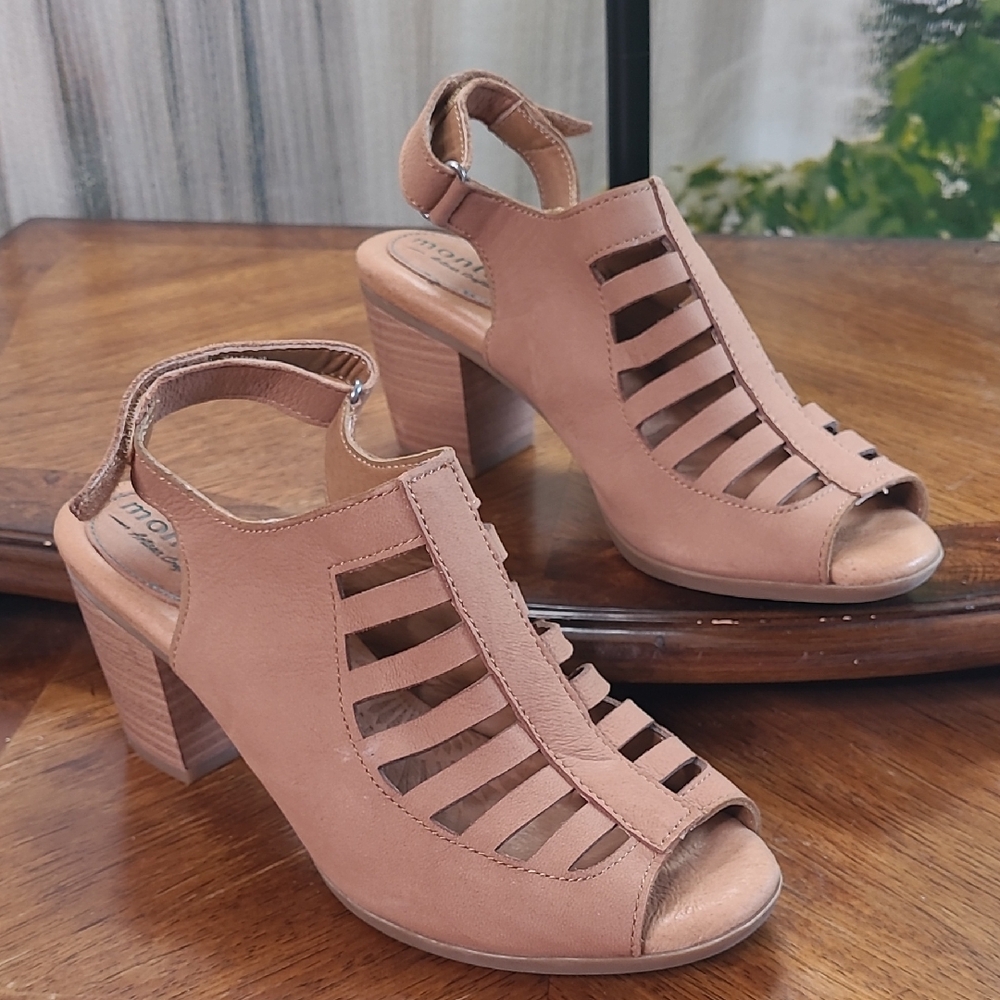 Montana Womens 7.5 tan chic leather ankle bootie slingback block sandal shoes